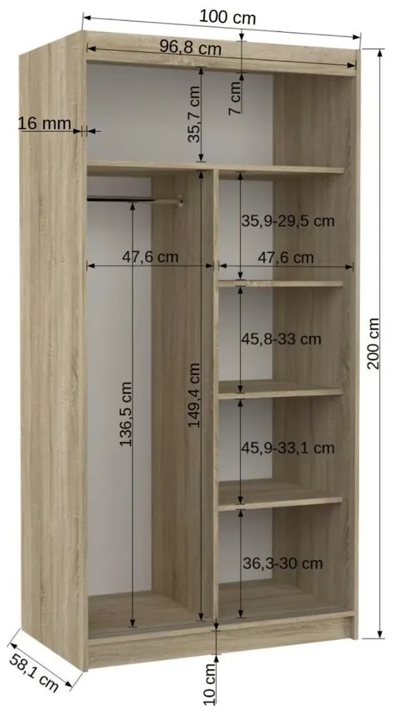 ŠATNÍKOVÁ SKRIŇA S POSUVNÝMI DVERAMI DANKA SONOMA + ZRKADLO 100 cm