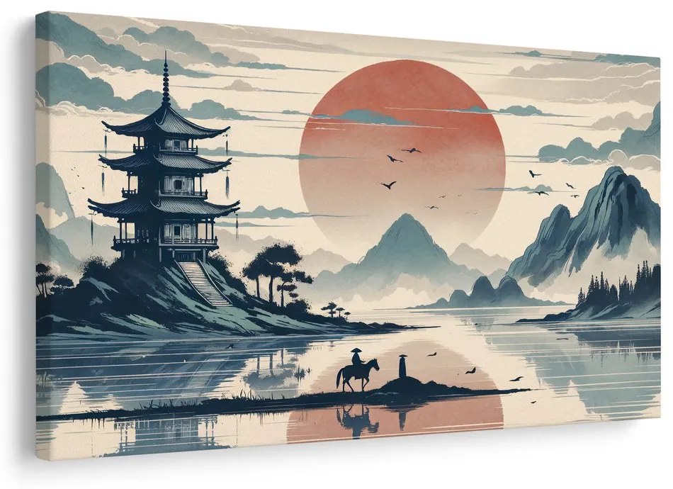 Obraz japonská krajina s jazdcom