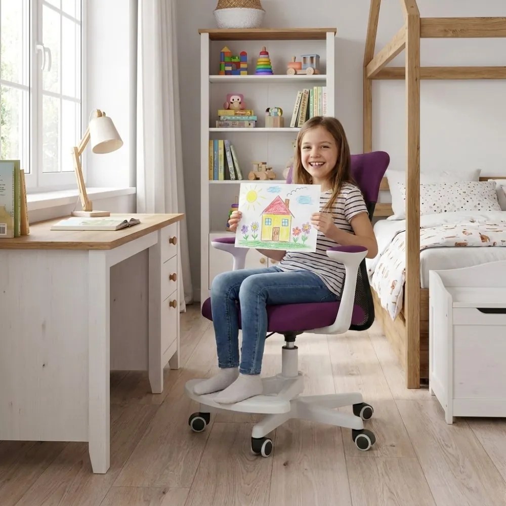 Detská stolička Neoseat MONKEY WHITE s podnožou — látka, biela / fialová