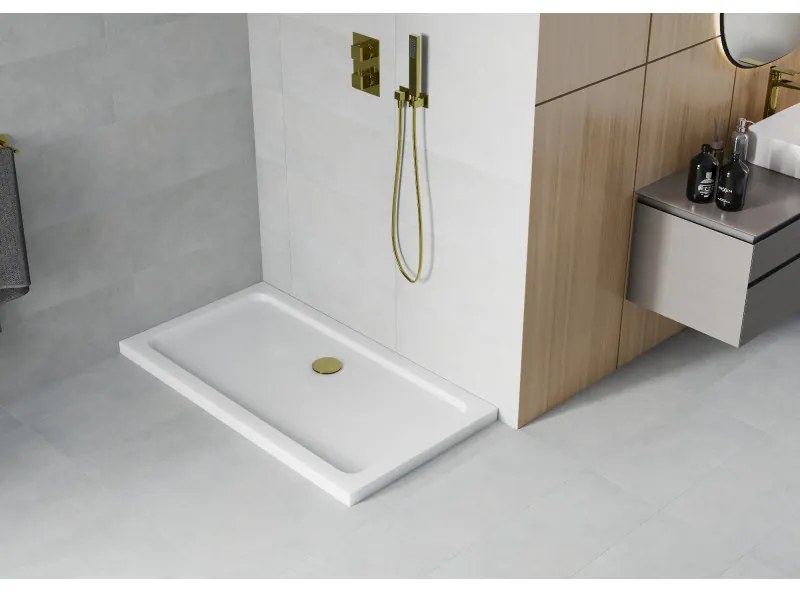Mexen SLIM - Obdĺžniková sprchová vanička 140x70x5cm + zlatý sifón, biela, 40107014G