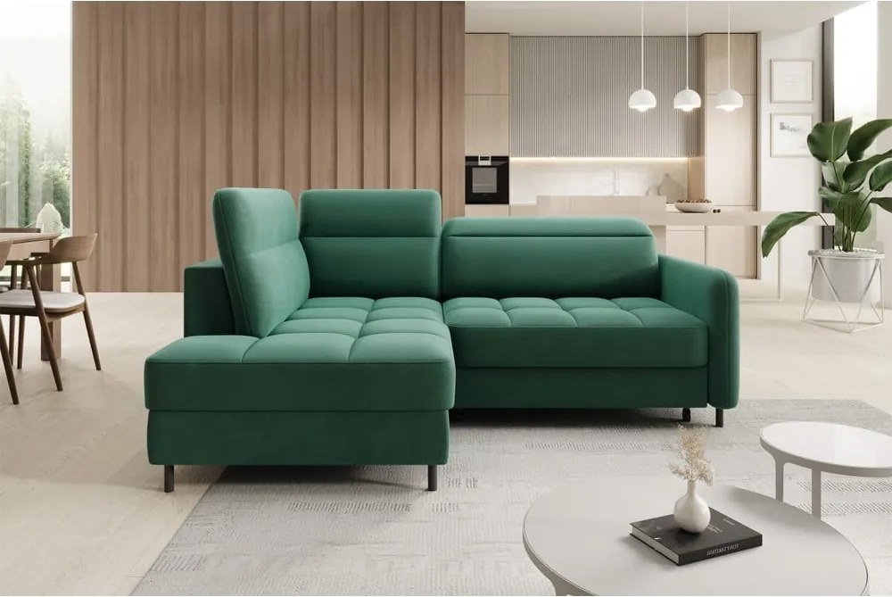 Zelená zamatová rozkladacia/s úložným priestorom rohová pohovka (ľavý roh/do L) Barea – ELTAP