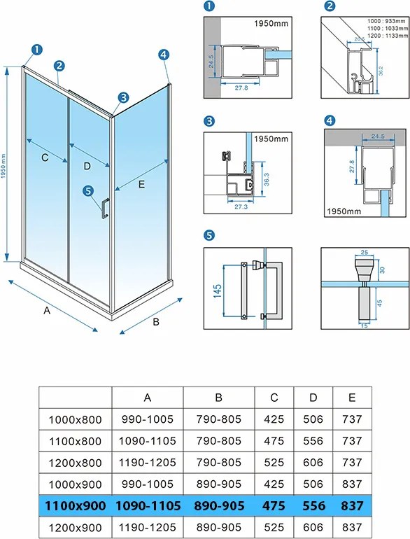 BPS-koupelny Obdĺžnikový sprchovací kút HYD-OK104B 110x90 čierna/transparent + vanička HYD-OSV-ST04B biela