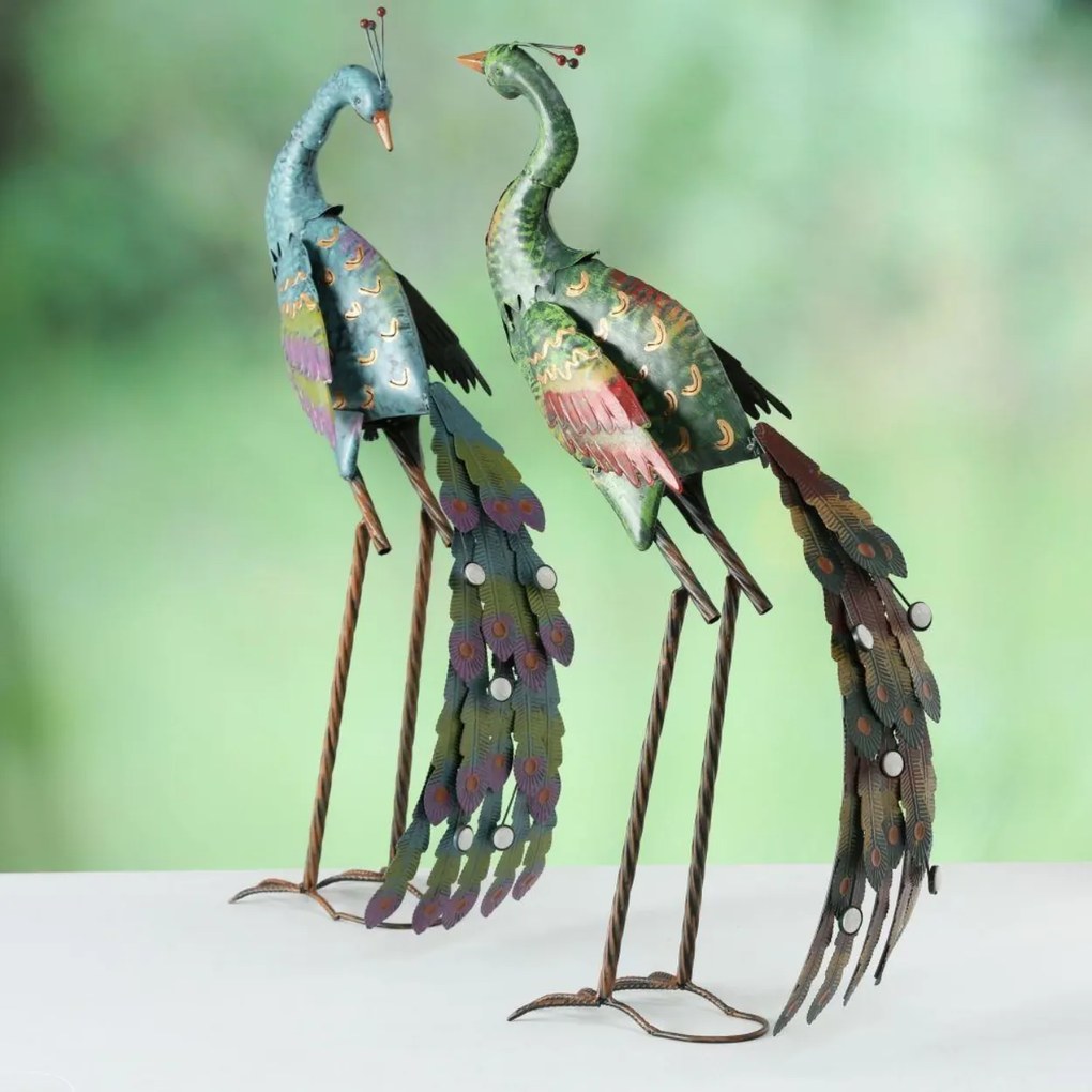 Záhradná kovová figúrka Peafowl Duo, 78 cm, zelená/modrá