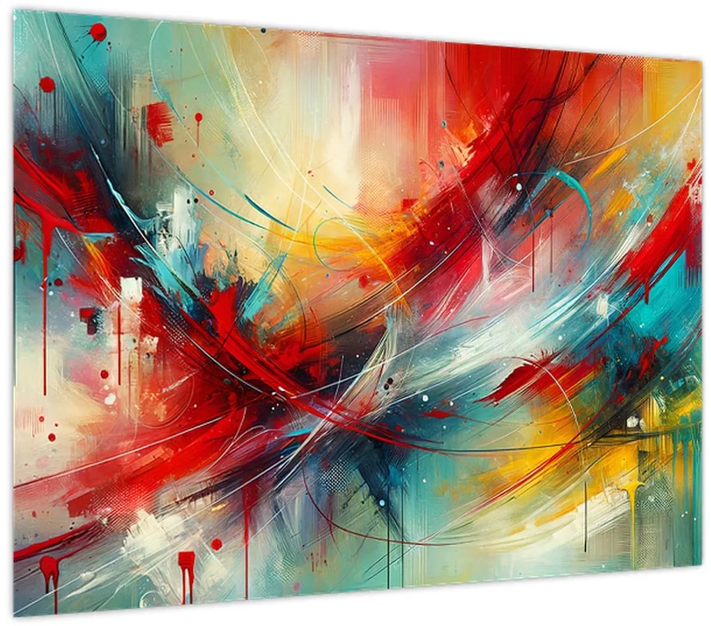 Sklenený obraz – Abstrakcia s červenou (70x50 cm)