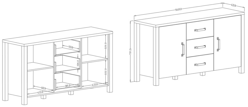 Komoda Olin 26 - appenzeller fichte / čierny mat - 150 cm