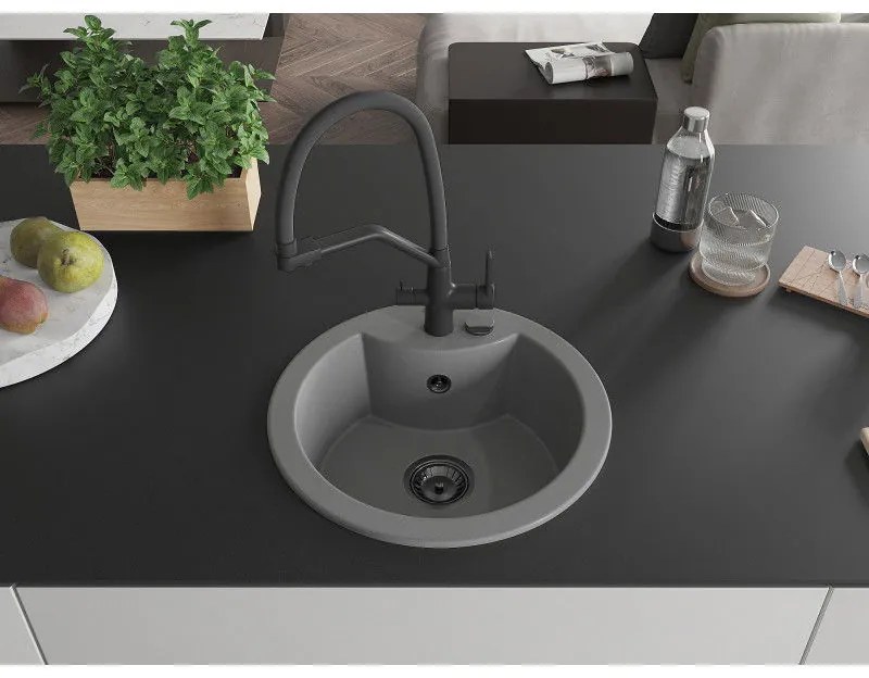 Mexen Diego, 1-komorový granitový drez 488x488x167 mm a drezová batéria Duo, šedá, 6512-71-671701-70-B
