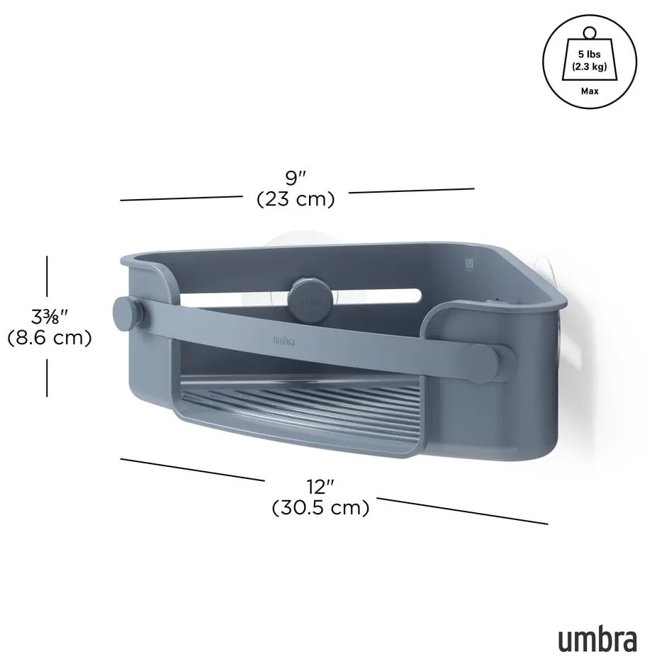 Rohová modrá kúpeľňová polička z recyklovaného plastu bez vŕtania Flex – Umbra