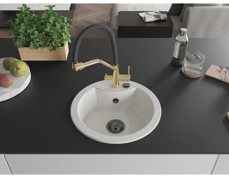 Mexen Diego, 1-komorový granitový drez 488x488x167 mm a drezová batéria Duo, biela, 6512-20-671701-57-B