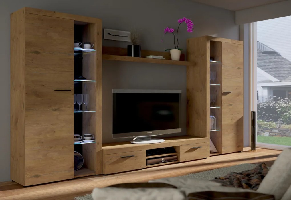Obývacia stena RUMBA XL, 300x190x34, sonoma + LED osvetlenie