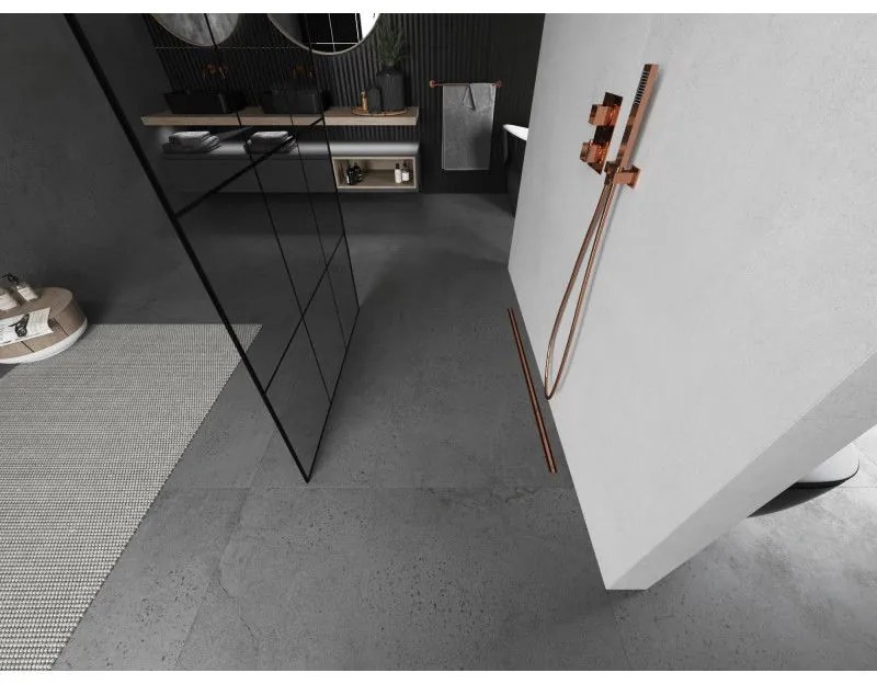 Mexen Kioto, sprchová zástena Walk-In 100 x 200 cm, 8mm sklo čierny vzor, medený matný profil, 800-100-002-65-77