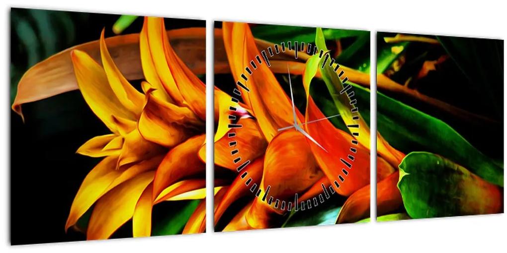 Obraz oranžovej kytice (s hodinami) (90x30 cm)