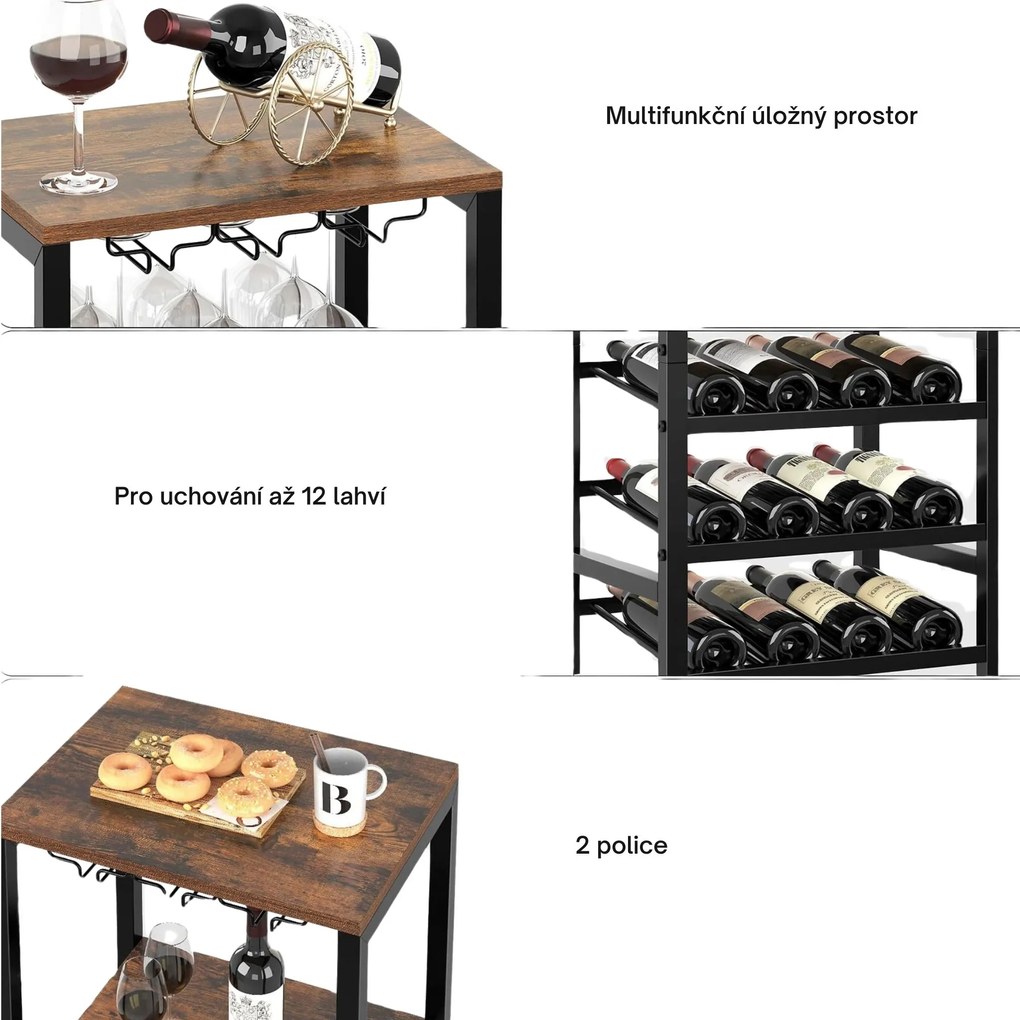 Stojan na víno s držákem na skleničky Houseland Wine hnědý/černý