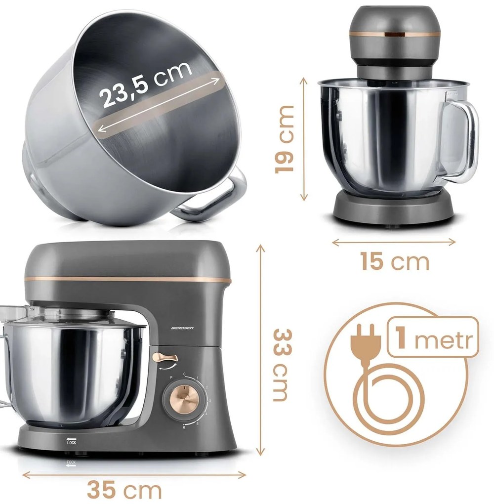 Berdsen 1400 W BD-756 3-v-1 planetárny mixér kuchynský robot 6 l Farba: strieborno-zlatý