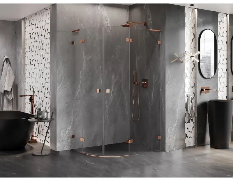 Mexen Lunar, L pravý polkruhový sprchový kút 90 x 80 cm, 8mm číre sklo, profil ružové zlato, 833L-090P-080L-60-00