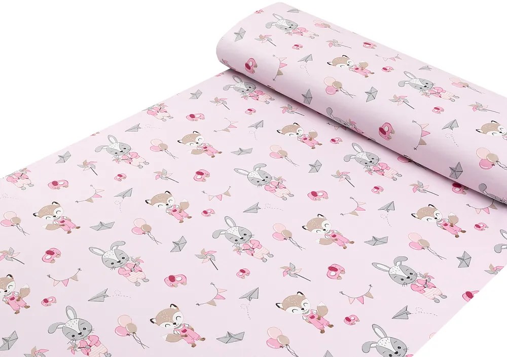 Detská bavlnená látka/plátno Sandra SA-466 Zajačikovia a líšky s balónikmi na ružovom - šírka 160 cm