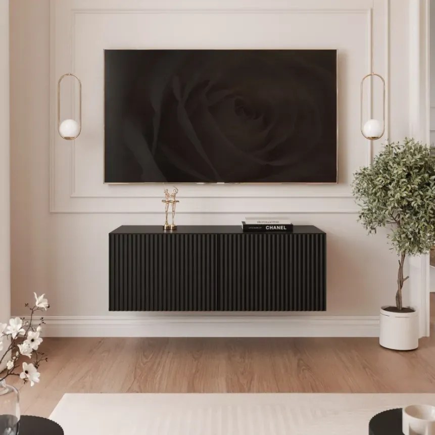 TV skrinka DOROTHY závesná 100cm čierna drážkovaná