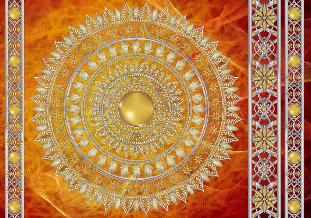 Fototapeta - Zlatá mandala v červenej (152,5x104 cm)