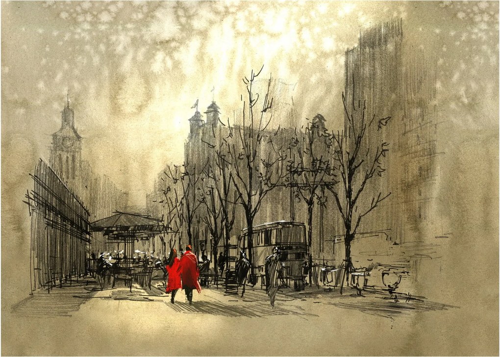 Sklenený obraz - Skica mestečka (70x50 cm)