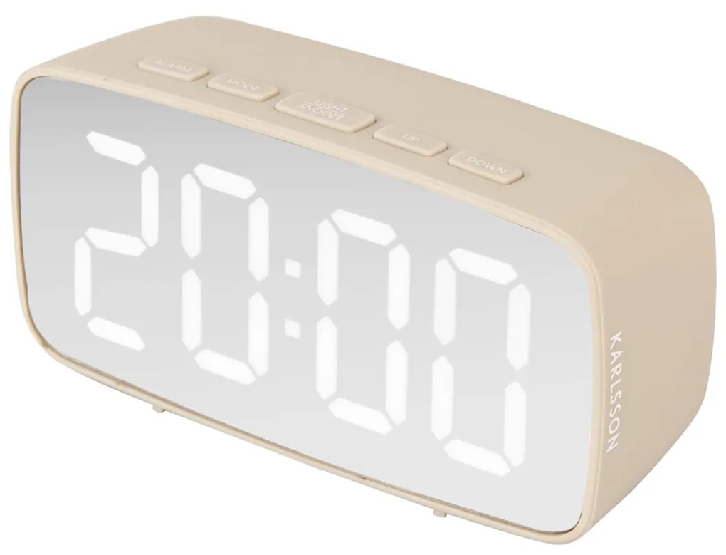 Štýlový digitálny LED budík Karlsson KA5876WG – zrkadlový displej, teplá sivá, 12 cm