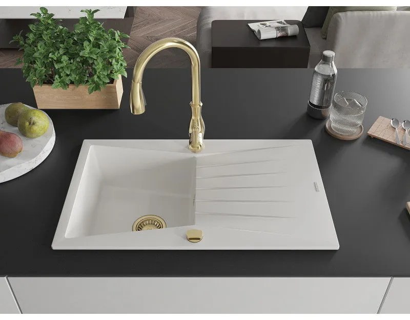 Mexen Cesar, 1-komorový granitový drez 775x470x190 mm a drezová batéria Savita, biela, 6514-20-672601-50