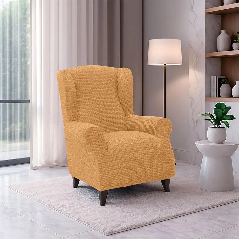 Super strečové poťahy RUBINIA zlatá kreslo ušiak (š. 70 - 95 cm)