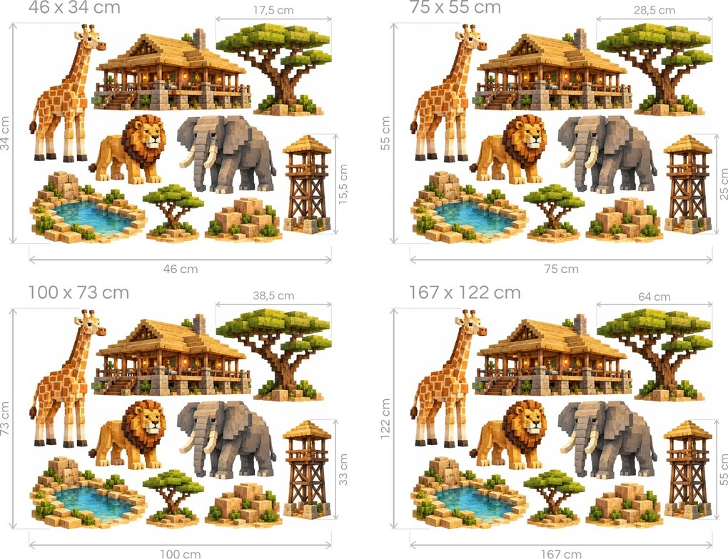Minecraft Safari se žirafou a lvem arch 46 x 34 cm
