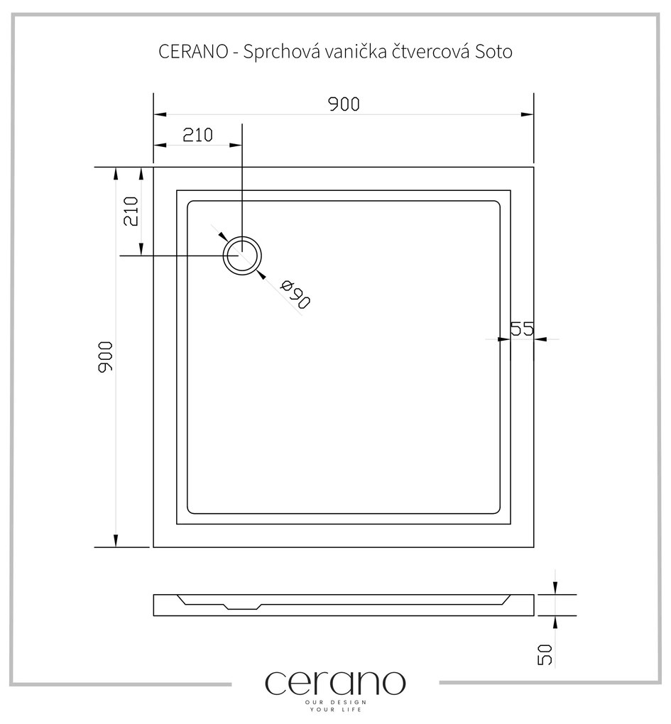 Cerano Soto, štvorcová akrytálová sprchová vanička 90x90x5 cm, biela, CER-CER-425542