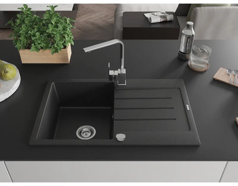 Mexen Bruno, drez granitový 795x495x200 mm, 1-komorový, čierna-strieborná metalíza s chrómovým sifónom a chrómová drezová batéria Rita, 6513-73-670300-00