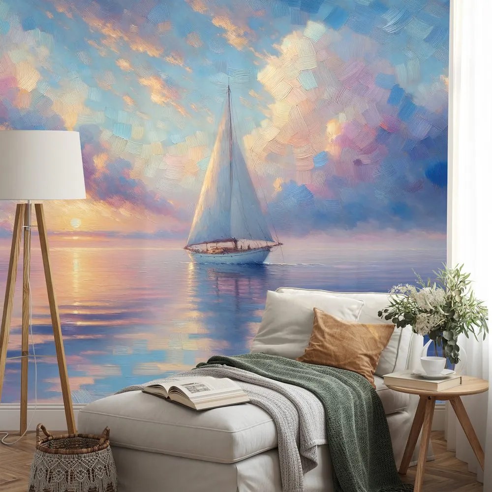 Tapeta plachetnica na pokojnom mori pri západe slnka