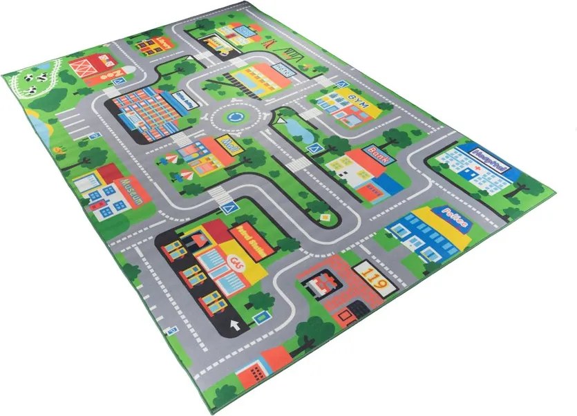 Detský koberec KIDS-3 Crystal Print zelený obdĺžnikový | Vzor vozidlá Rozmer: 180x250 cm