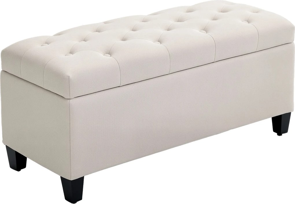 HOMCOM Čalúnená lavica s úložným priestorom do predsiene, spálne a obývačky, polyester podobný ľanu, gumovníkové drevo, kryštálovo biely, 100 x 40 x 4