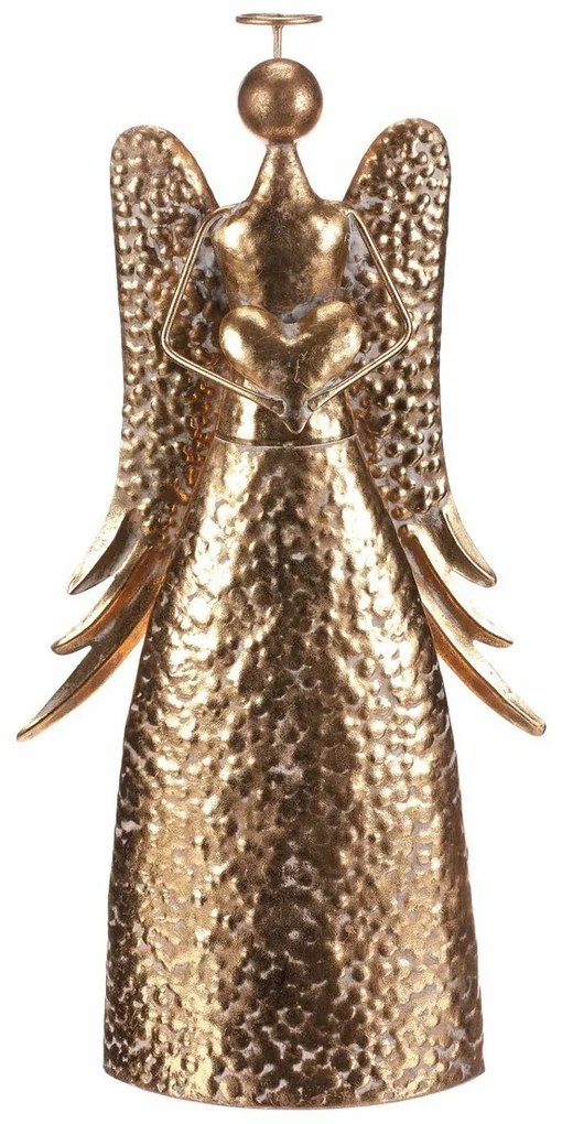 Vianočná kovová dekorácia Anjel 42 cm so srdcom, zlatá, 42 cm