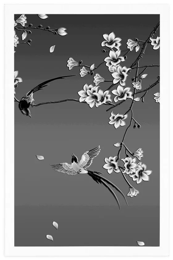 Plagát čiernobiele vtáčiky na konári stromu - 40x60 white