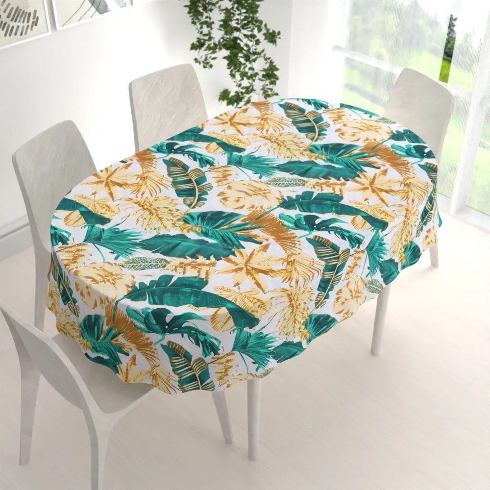 Biante Bavlnený oválny obrus Sandra SA-245 Zelené a zlaté tropické listy 140x220 cm