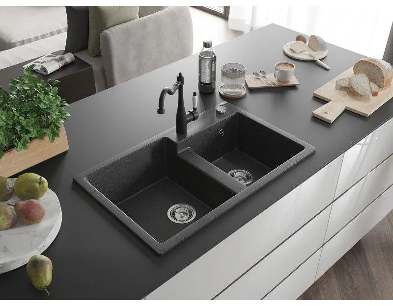 Mexen Tomas, granitový drez 800x500x190 mm, 2-komorový a drezová batéria Carla, čierna škvrnitá, 6516-76-670700-70