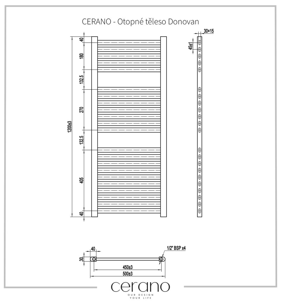 Cerano Donovan, vykurovacie teleso 1200x500mm, 369W, rozteč pripojenia 450 mm, čierna matná, CER-CER-429592
