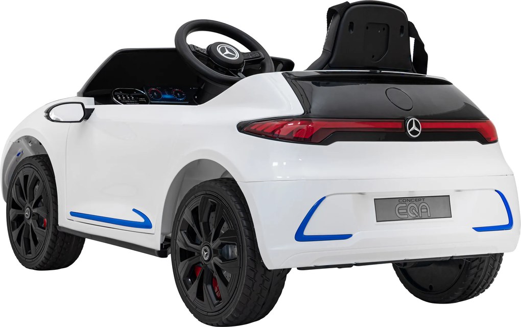 Ramiz Mercedes Benz AMG EQA pre deti Biela + Diaľkové ovládanie + 5-bodové bezpečnostné pásy + EVA + MP3 displej + LED