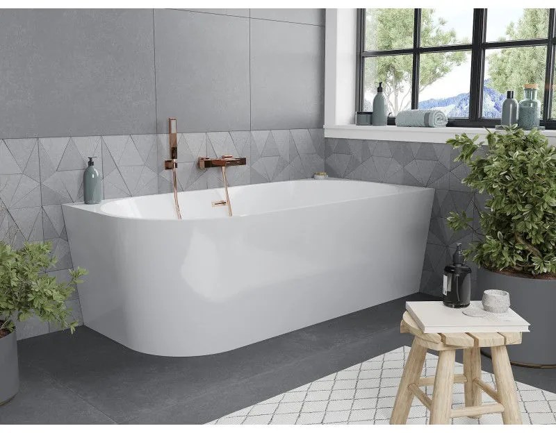Mexen Mia, voľne stojaca rohová vaňa, pravá, 160 x 75 cm, biela, medený prepad, 52691607500P-65