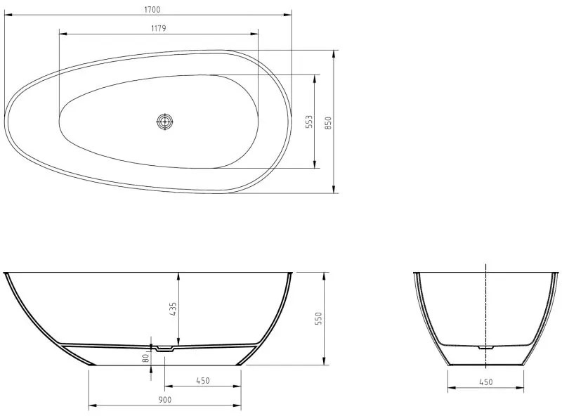 Mexen Glass, voľne stojaca priesvitná vaňa 170 x 85 cm, chrómová zátka, 58061708502