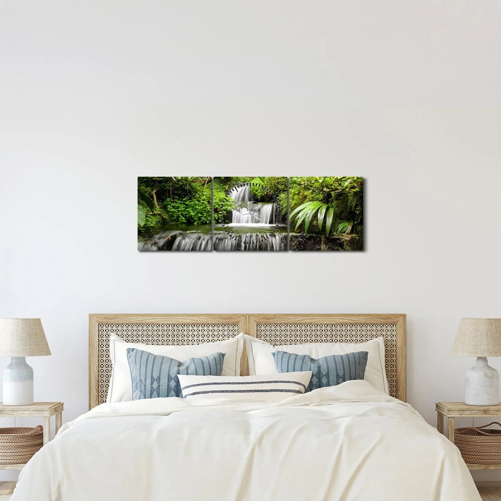Obraz - Vodopád v dažďovom lese (s hodinami) (90x30 cm)