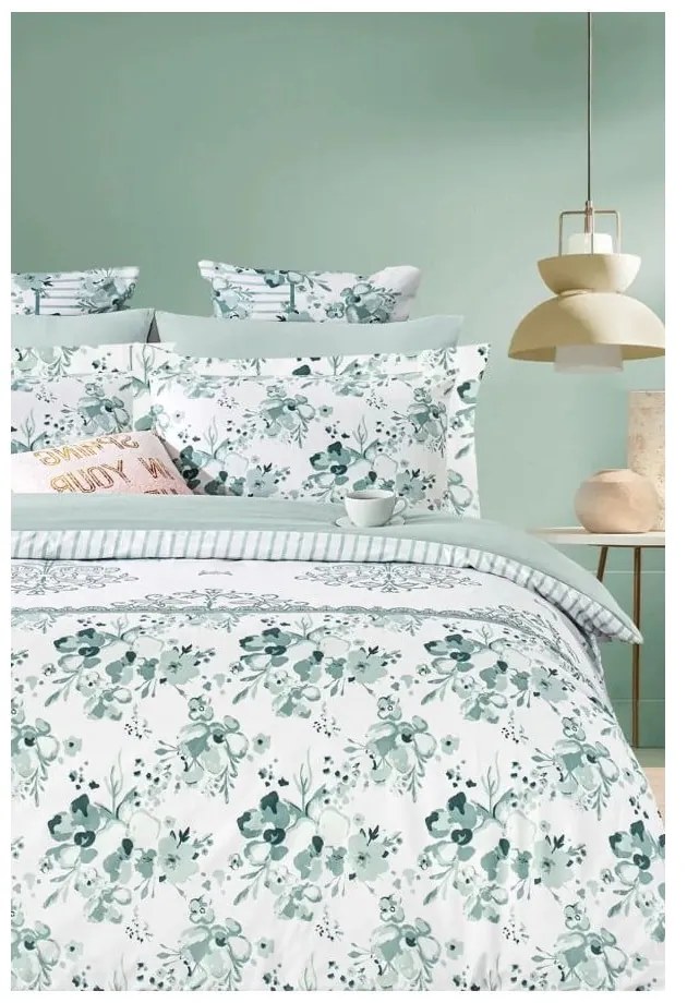 Bielo-zelené predĺžené obliečky na dvojlôžko z bavlny Renforcé s plachtou/4-dielne 200x220 cm – Mila Home