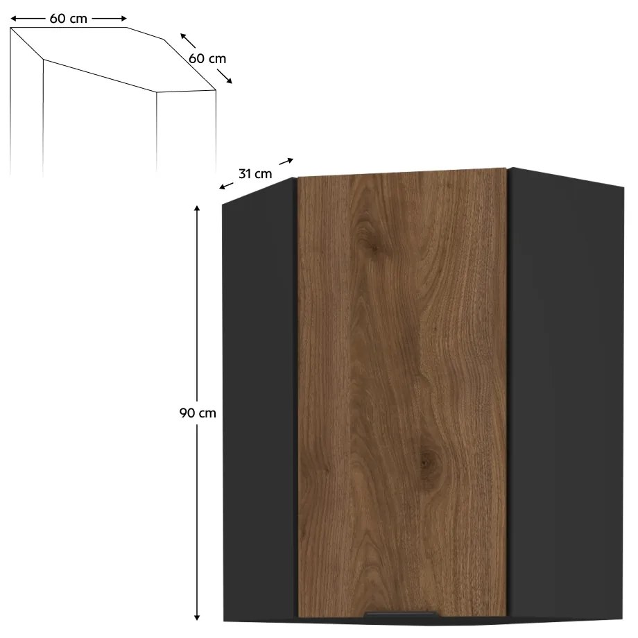 Horná rohová kuchynská skrinka Menzo 60x60 GN-90 1F - čierna / orech