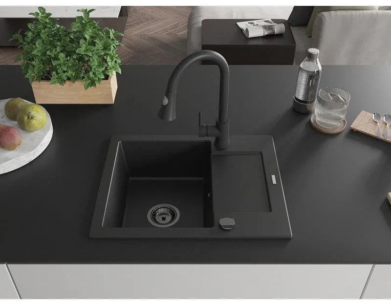 Mexen Enzo, 1-komorový granitový drez 576x465x174 mm a drezová batéria Elia, čierna, 6506-77-670101-70-B