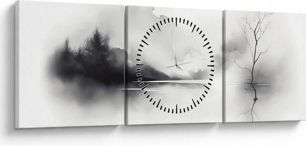 Obraz - Atramentová maľba krajiny (s hodinami) (90x30 cm)