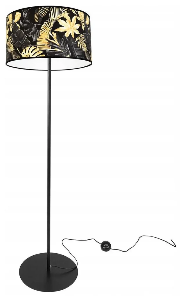 Stojacia lampa Gold Flowers, 1x čierne textilné tienidlo s kvetinovým vzorom, (fi 35cm), o