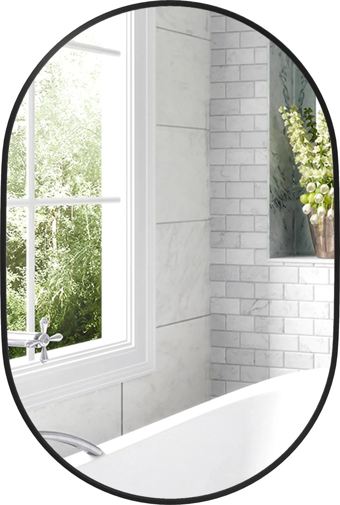HOMCOM Oválna Zrkadlo do Kúpeľne 60x90cm Temperované Sklo, Moderné Nástenné Zrkadlo s Hliníkovým Rámom, Vertikálne/Horizontálne Montovanie, do Spálne,