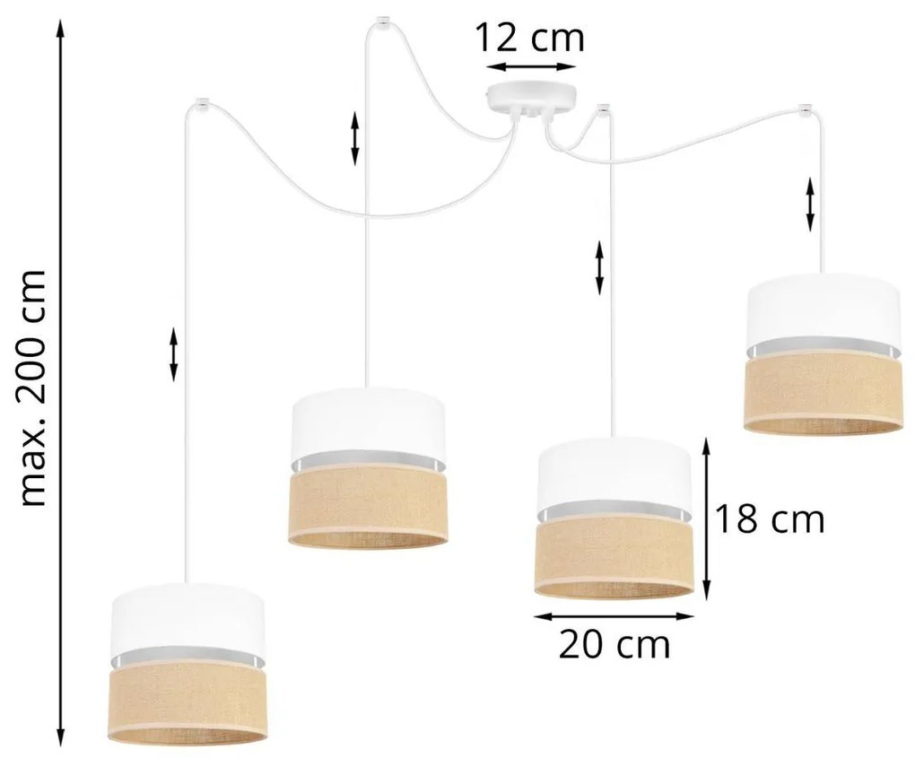 Závesné svietidlo Juta spider, 4x jutové/biele textilné tienidlo, w