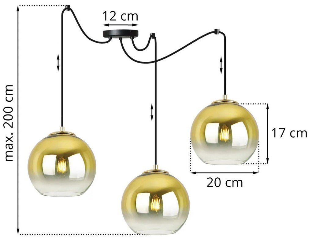 Závesné svietidlo Bergen Gold Spider, 3x zlaté/transparentné sklenené tienidlo (fi 20cm)