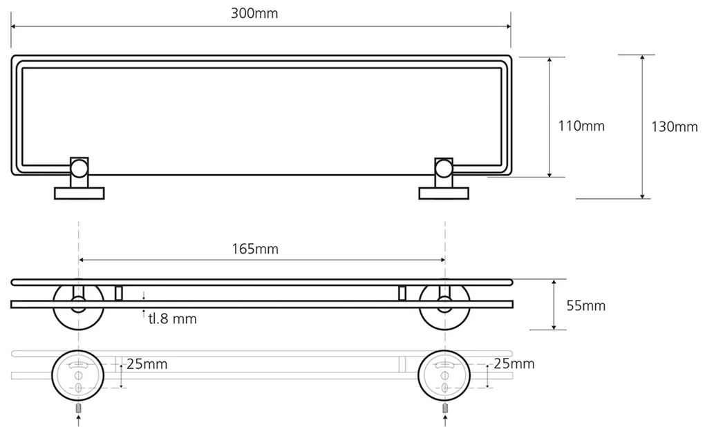 Sapho Sapho, X-ROUND E polička sklenená s výklopnou hrazdou 300x130mm, chróm, XR607
