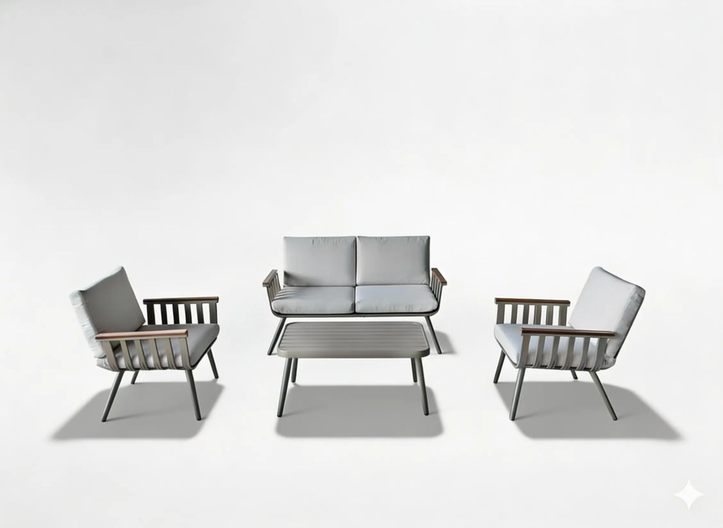 Garden Line SÚPRAVA HLINÍKOVÉHO NÁBYTKU (SOFA + 2 KRESLÁ + STÔL) BEŽOVÁ + BEŽOVÉ VANKÚŠE *9408